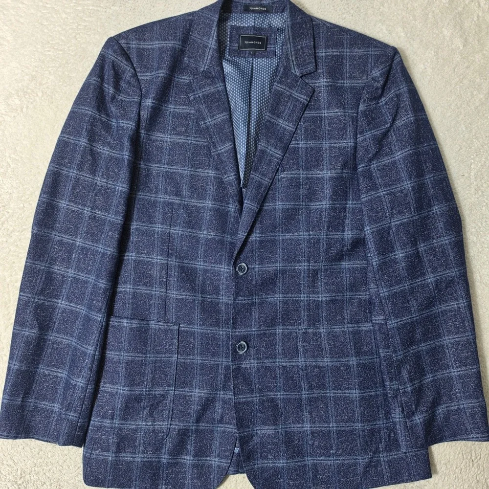 NEW‎ 7Diamonds Blazer Mens L Blue Windowpane Plaid Dunes Stretch Sport Coat